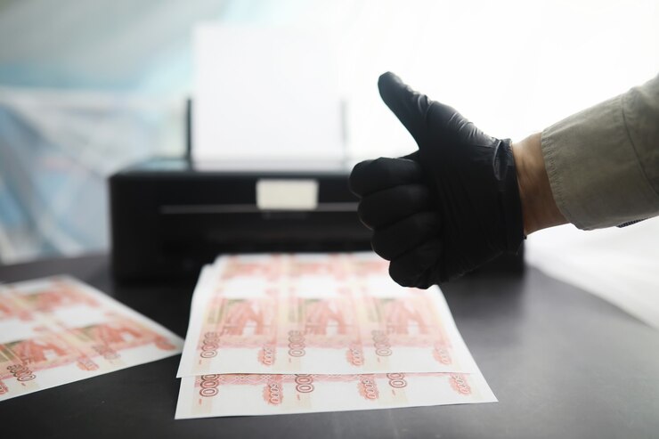 concept global economic crisis illegal production money inscription bill five thousand rubles print money home seal five thousandth banknotes by criminal 494741 2678