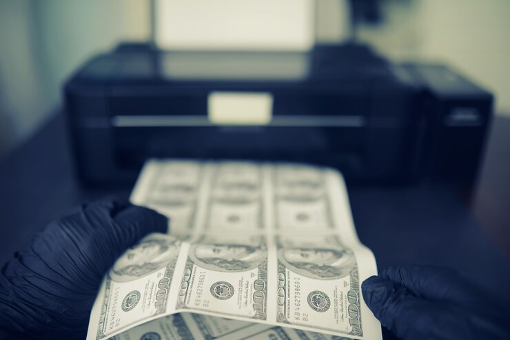 concept global economic crisis illegal production us dollars print money underground printing hundred dollar bills by criminal 494741 2751
